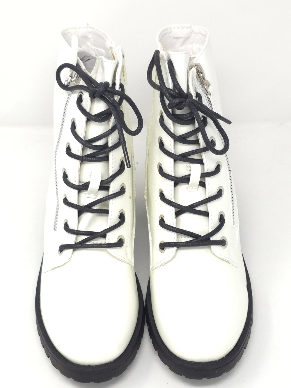 Combat Boots Chunky Heel Lace Up Side Zipper Faux Leather White Pat Ankle Boot - Picture 12 of 12